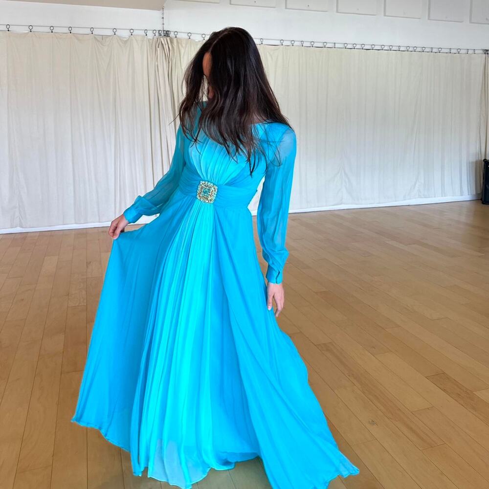 Handmade Women’s Medium Gown Blue Aqua Vintage 1960s Sheer Long Sleeve Gown.